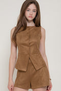 Faux Suede Button Down Vest & Short Pants Set