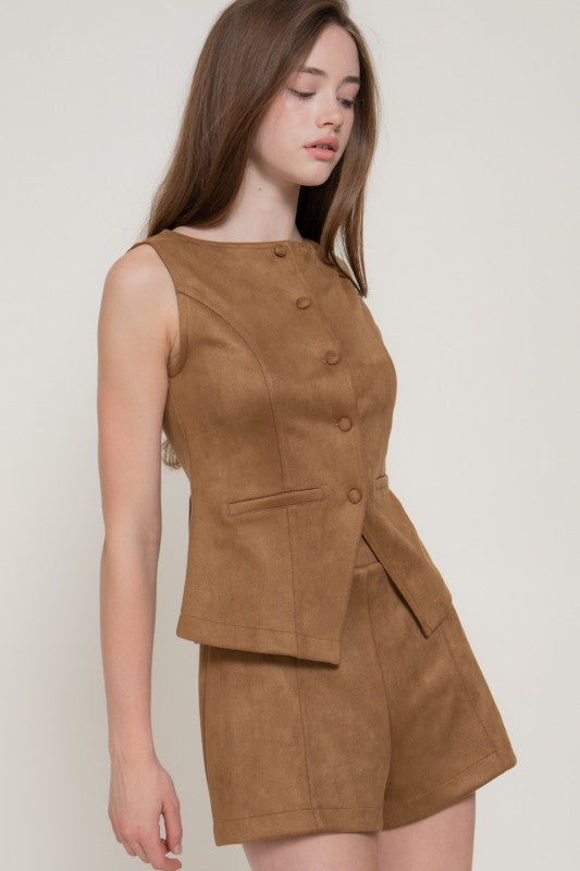 Faux Suede Button Down Vest & Short Pants Set