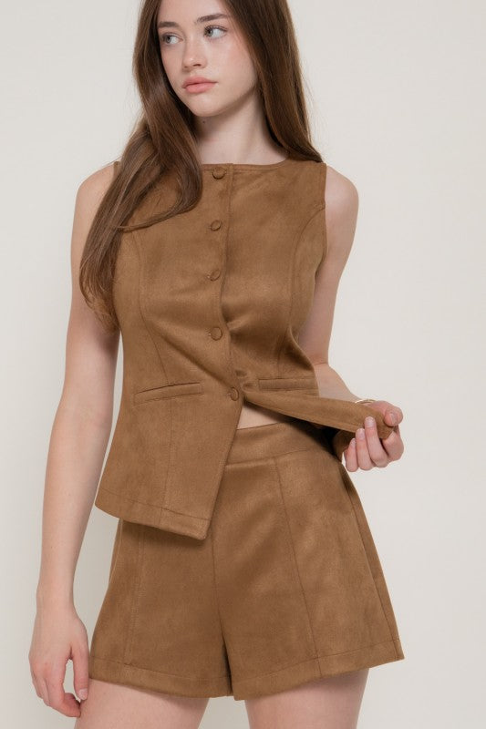 Faux Suede Button Down Vest & Short Pants Set